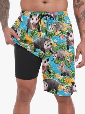 NWT Tropical Funny Opossum Print Mens Swim Trunks w/ a Compression Liner Size S